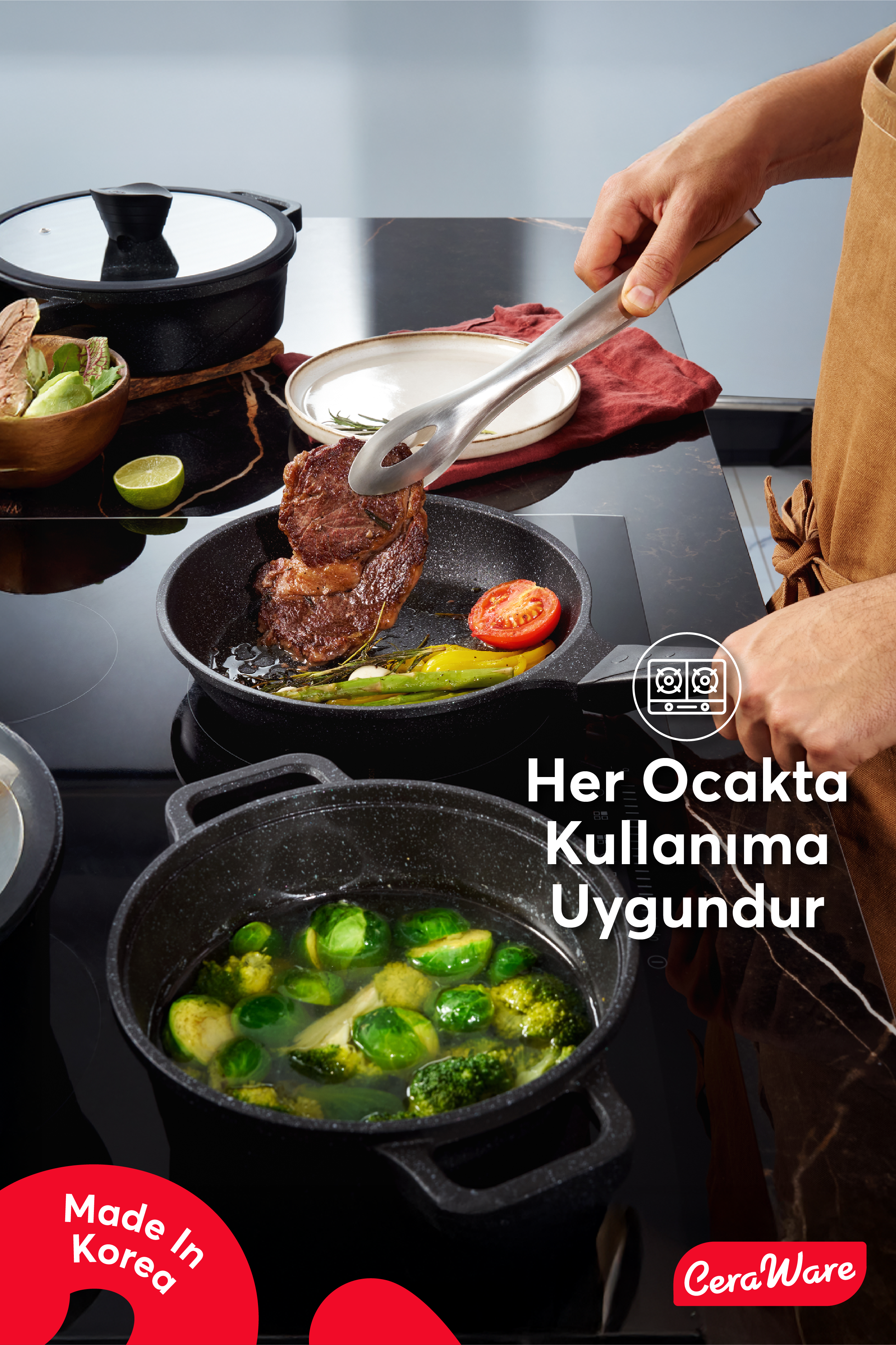 Ceraware Vetta Megastone Made in Korea Premium Tencere Tava Seti Çizilmeye Dayanıklı Yapışmaz Mutfak Seti Siyah
