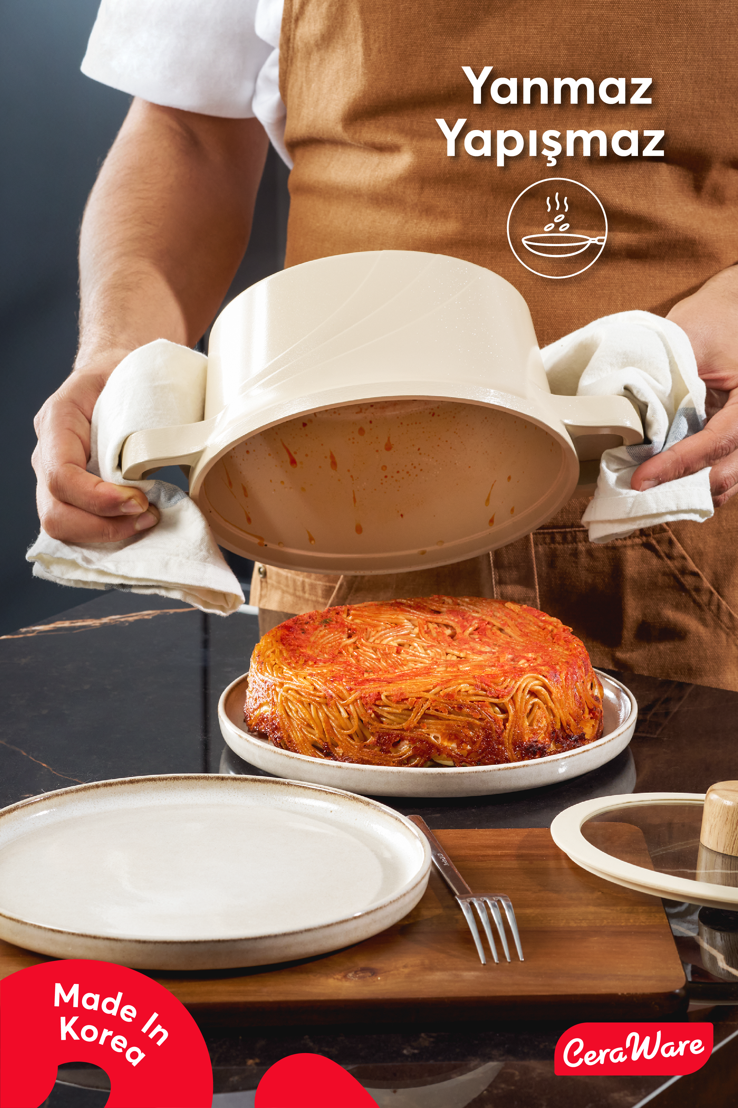 Ceraware Vetta Made in Korea Seramik Yapışmaz Tencere Tava Seti 7 Parça Sağlıklı Dayanıklı Döküm Mutfak Seti Bej