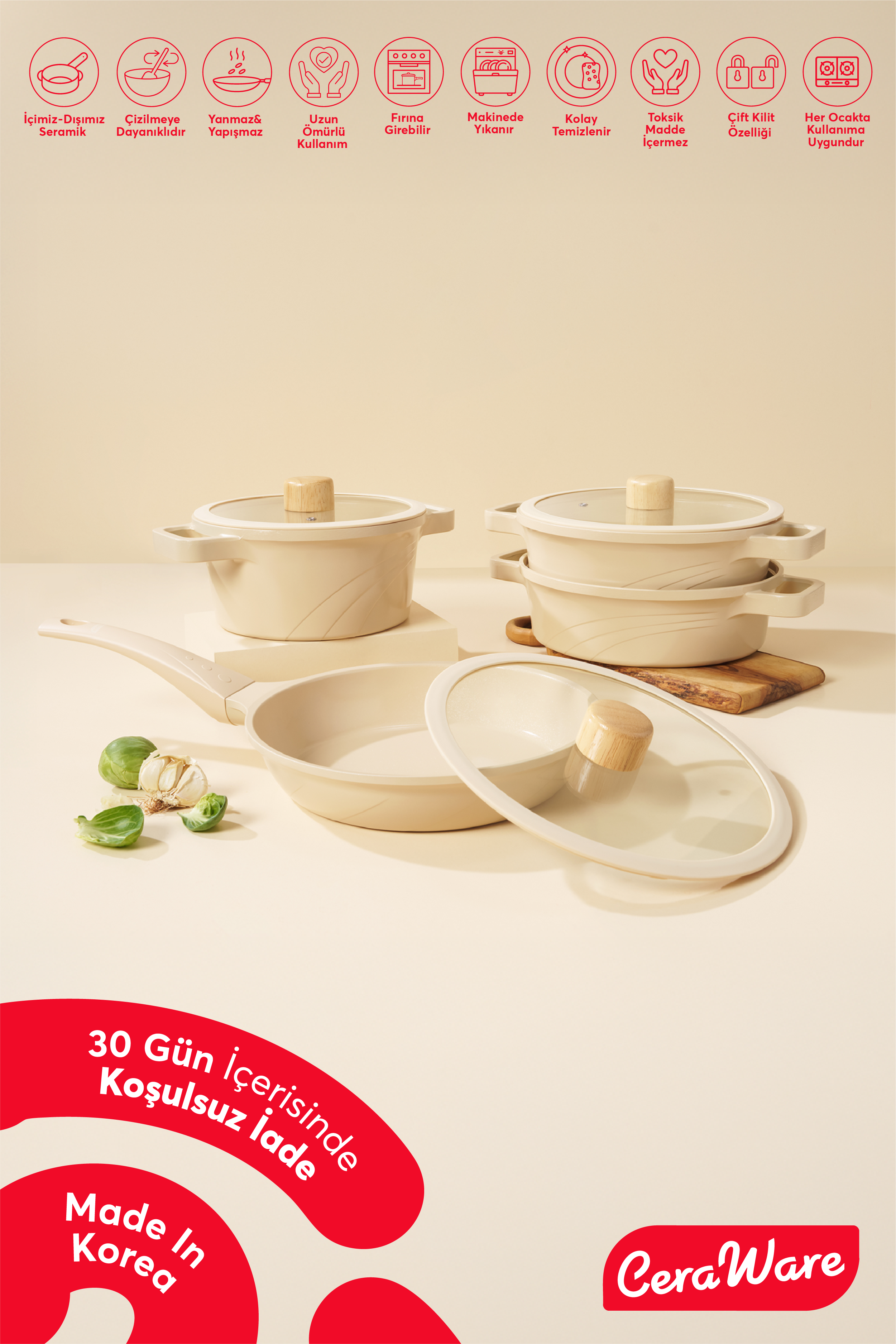 Ceraware Vetta Made in Korea Seramik Yapışmaz Tencere Tava Seti 7 Parça Sağlıklı Dayanıklı Döküm Mutfak Seti Bej