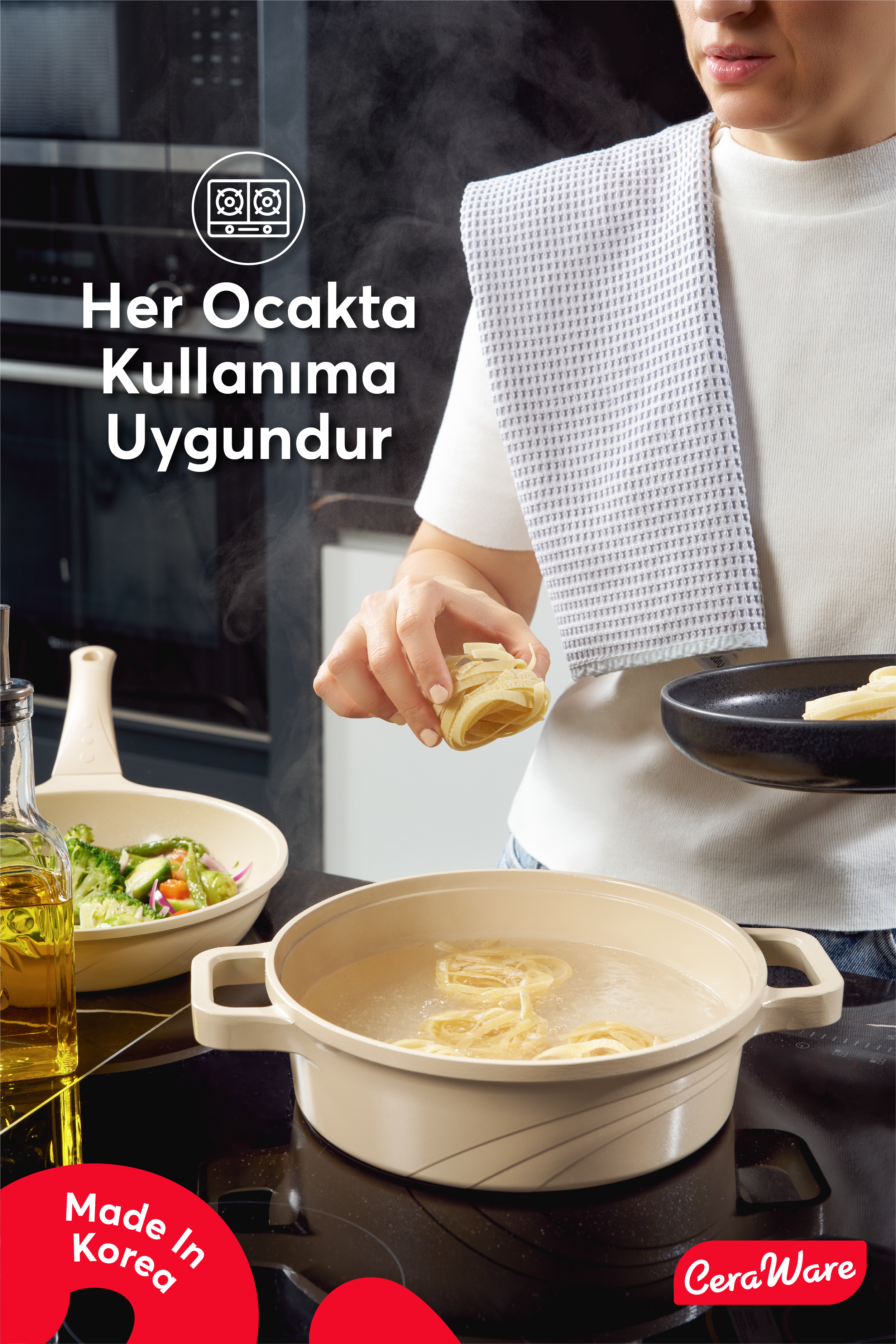 Ceraware Vetta Made in Korea Seramik Yapışmaz Tencere Tava Seti 7 Parça Sağlıklı Dayanıklı Döküm Mutfak Seti Bej