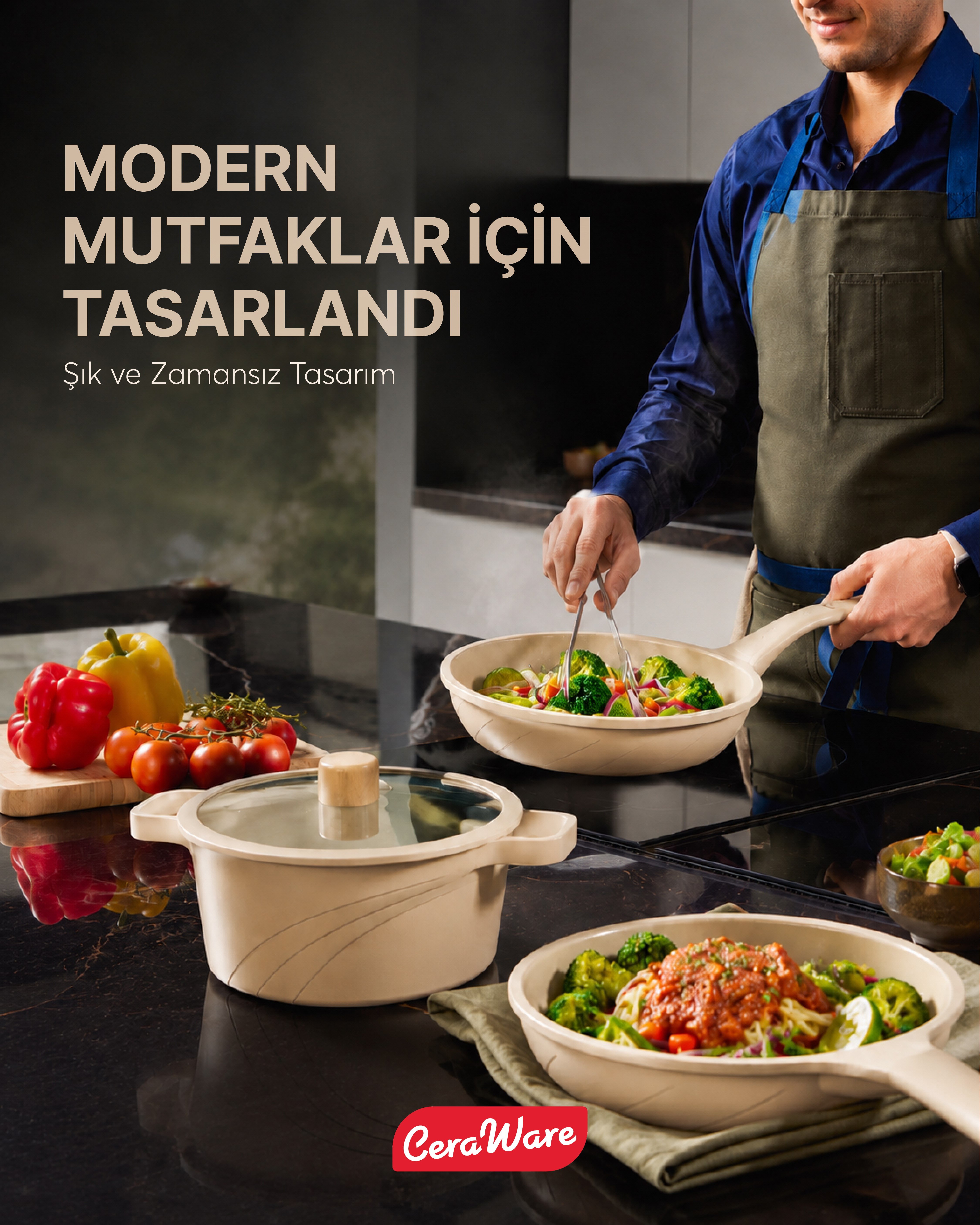 Ceraware Vetta Made in Korea Seramik Yapışmaz Tencere Tava Seti 7 Parça Sağlıklı Dayanıklı Döküm Mutfak Seti Bej