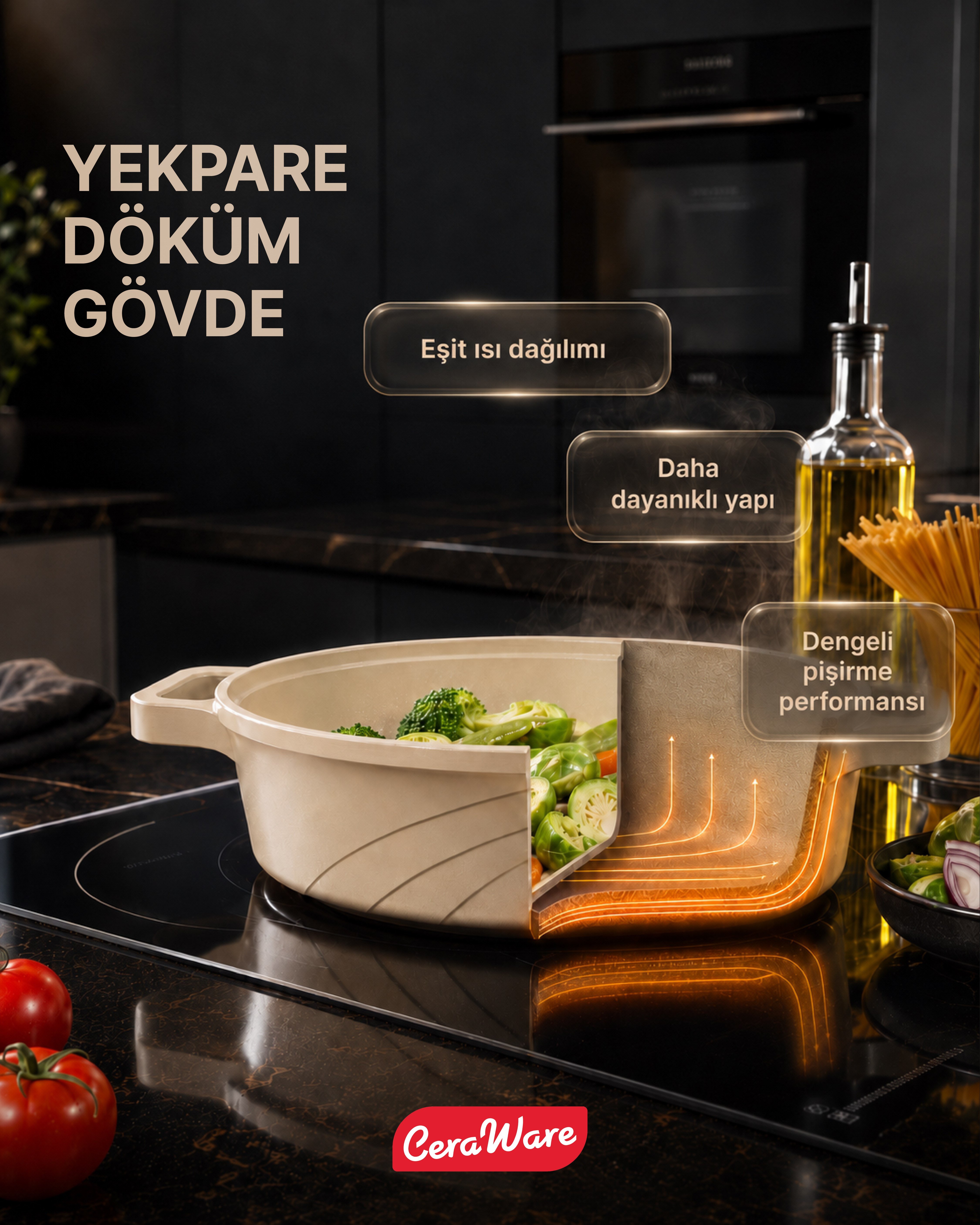 Ceraware Vetta Made in Korea Seramik Yapışmaz Tencere Tava Seti 7 Parça Sağlıklı Dayanıklı Döküm Mutfak Seti Bej
