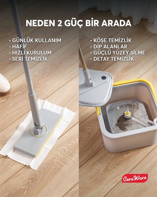 Ceraware Home Care Premium Hijyen Seti Dual System Kare Mop Pratica Click Mop 2 Mikrofiber Bez