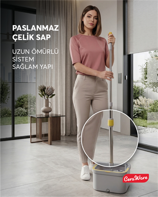 Ceraware Home Care Dual System Kare Mop Seti Temiz Kirli Su Ayrı Hazneli 2 Adet İz Bırakmayan Mikrofiber Bez