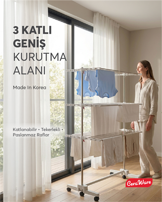 Ceraware Home Lite Premium 3 Katlı Çamaşırlık Made in Korea Tekerlekli Çamaşır Kurutmalık Eco Gri