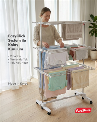Ceraware Home Lite Premium 3 Katlı Çamaşırlık Made in Korea Tekerlekli Çamaşır Kurutmalık Eco Gri