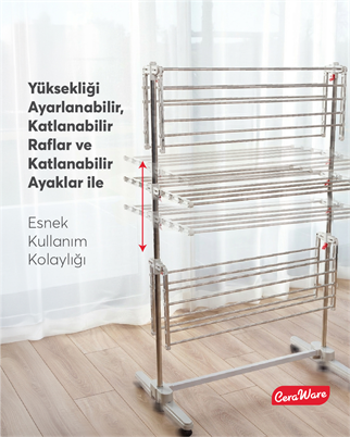 Ceraware Home Lite Premium 3 Katlı Çamaşırlık Made in Korea Tekerlekli Çamaşır Kurutmalık Eco Gri