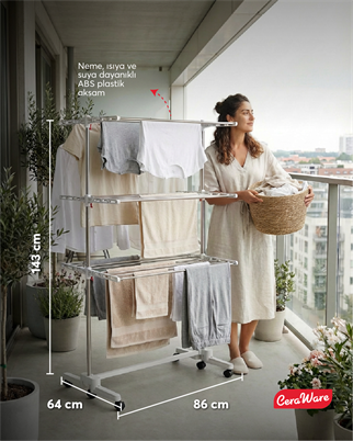 Ceraware Home Lite Premium 3 Katlı Çamaşırlık Made in Korea Tekerlekli Çamaşır Kurutmalık Eco Gri