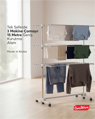 Ceraware Home Lite Premium 3 Katlı Çamaşırlık Made in Korea Tekerlekli Çamaşır Kurutmalık Eco Gri