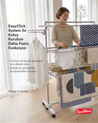 Ceraware Home S3 Premium 3 Katlı Çamaşırlık Made in Korea Tam Katlanır Tekerlekli Çamaşır Kurutmalık