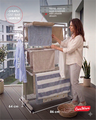 Ceraware Home S3 Premium 3 Katlı Çamaşırlık Made in Korea Tam Katlanır Tekerlekli Çamaşır Kurutmalık