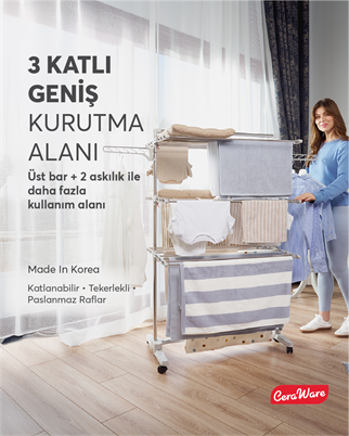 Ceraware Home S3 Premium 3 Katlı Çamaşırlık Made in Korea Tam Katlanır Tekerlekli Çamaşır Kurutmalık