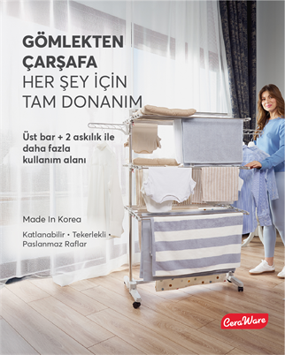 Ceraware Home S3 Premium 3 Katlı Çamaşırlık Made in Korea Tam Katlanır Tekerlekli Çamaşır Kurutmalık