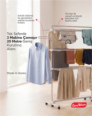 Ceraware Home S3 Premium 3 Katlı Çamaşırlık Made in Korea Tam Katlanır Tekerlekli Çamaşır Kurutmalık
