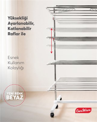 Ceraware Home S4 Premium 4 Katlı BEYAZ Çamaşırlık Made in Korea Tam Katlanır Tekerlekli Çamaşır Kurutmalık