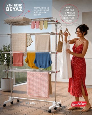 Ceraware Home S4 Premium 4 Katlı BEYAZ Çamaşırlık Made in Korea Tam Katlanır Tekerlekli Çamaşır Kurutmalık