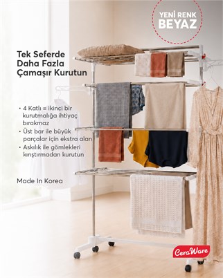 Ceraware Home S4 Premium 4 Katlı BEYAZ Çamaşırlık Made in Korea Tam Katlanır Tekerlekli Çamaşır Kurutmalık
