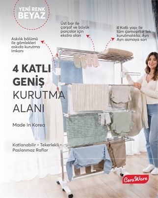 Ceraware Home S4 Premium 4 Katlı BEYAZ Çamaşırlık Made in Korea Tam Katlanır Tekerlekli Çamaşır Kurutmalık