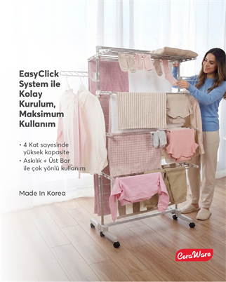 Ceraware Home S4 Premium 4 Katlı Çamaşırlık Made in Korea Tam Katlanır Tekerlekli Çamaşır Kurutmalık