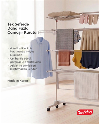 Ceraware Home S4 Premium 4 Katlı Çamaşırlık Made in Korea Tam Katlanır Tekerlekli Çamaşır Kurutmalık