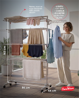 Ceraware Home S4 Premium 4 Katlı Çamaşırlık Made in Korea Tam Katlanır Tekerlekli Çamaşır Kurutmalık