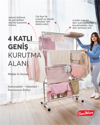 Ceraware Home S4 Premium 4 Katlı Çamaşırlık Made in Korea Tam Katlanır Tekerlekli Çamaşır Kurutmalık