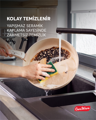 Ceraware Hona Made in Korea Seramik Yapışmaz Tencere Tava Seti 9 Parça Tak Çıkar Saplı İç İçe Geçebilen Set Bej