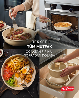Ceraware Hona Made in Korea Seramik Yapışmaz Tencere Tava Seti 9 Parça Tak Çıkar Saplı İç İçe Geçebilen Set Bej