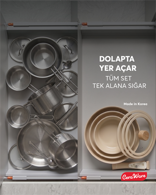 Ceraware Hona Made in Korea Seramik Yapışmaz Tencere Tava Seti 9 Parça Tak Çıkar Saplı İç İçe Geçebilen Set Bej