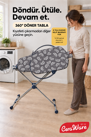 Ceraware Nero Air 360 Premium Ütü Masası – 360° Döner Tabla, Hafif ve Stabil Tasarım Gri Made in Korea