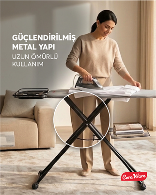 Ceraware Nero Premium Ütü Masası Sallanmaz StabilBase Sistem Kalın Boru Büyük Boy Profesyonel Ütü Deneyimi