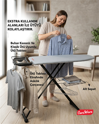 Ceraware Nero Premium Ütü Masası Sallanmaz StabilBase Sistem Kalın Boru Büyük Boy Profesyonel Ütü Deneyimi