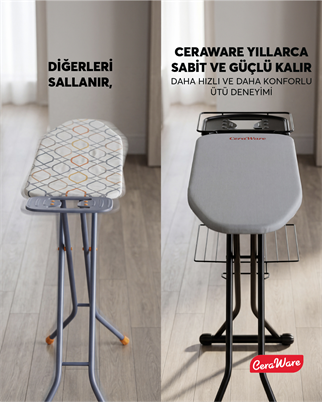 Ceraware Nero Premium Ütü Masası Sallanmaz StabilBase Sistem Kalın Boru Büyük Boy Profesyonel Ütü Deneyimi