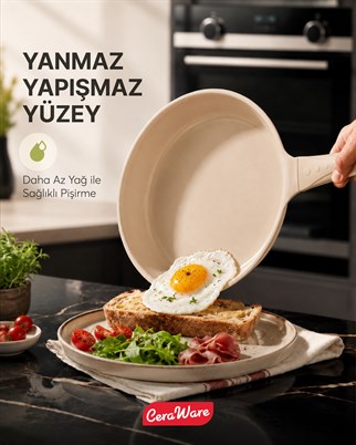 Ceraware Vetta Made in Korea Seramik Yapışmaz Tencere Tava Seti 7 Parça Sağlıklı Dayanıklı Döküm Mutfak Seti Bej