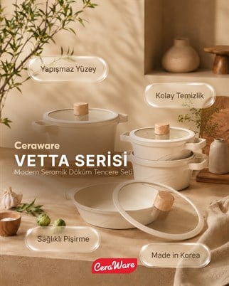 Ceraware Vetta Made in Korea Seramik Yapışmaz Tencere Tava Seti 7 Parça Sağlıklı Dayanıklı Döküm Mutfak Seti Bej