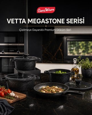 Ceraware Vetta Megastone Made in Korea Premium Tencere Tava Seti Çizilmeye Dayanıklı Yapışmaz Mutfak Seti Siyah