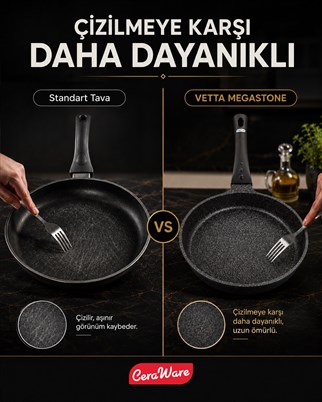 Ceraware Vetta Megastone Made in Korea Premium Tencere Tava Seti Çizilmeye Dayanıklı Yapışmaz Mutfak Seti Siyah