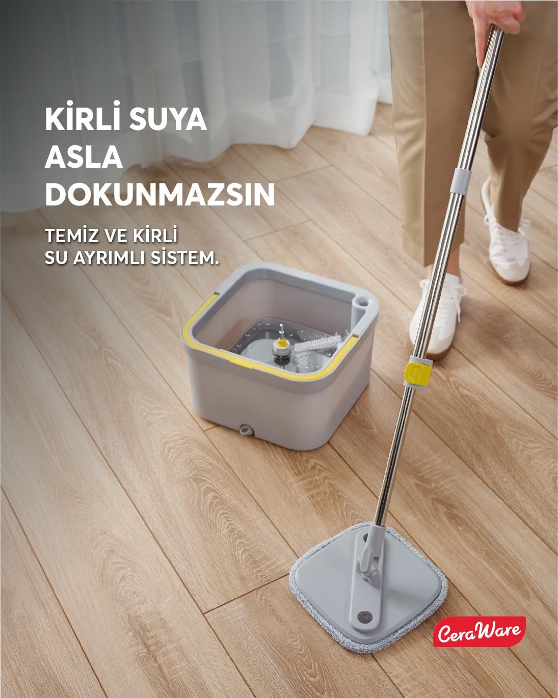 Ceraware Home Care Dual System Kare Mop Seti Temiz Kirli Su Ayrı Hazneli 2 Adet İz Bırakmayan Mikrofiber Bez