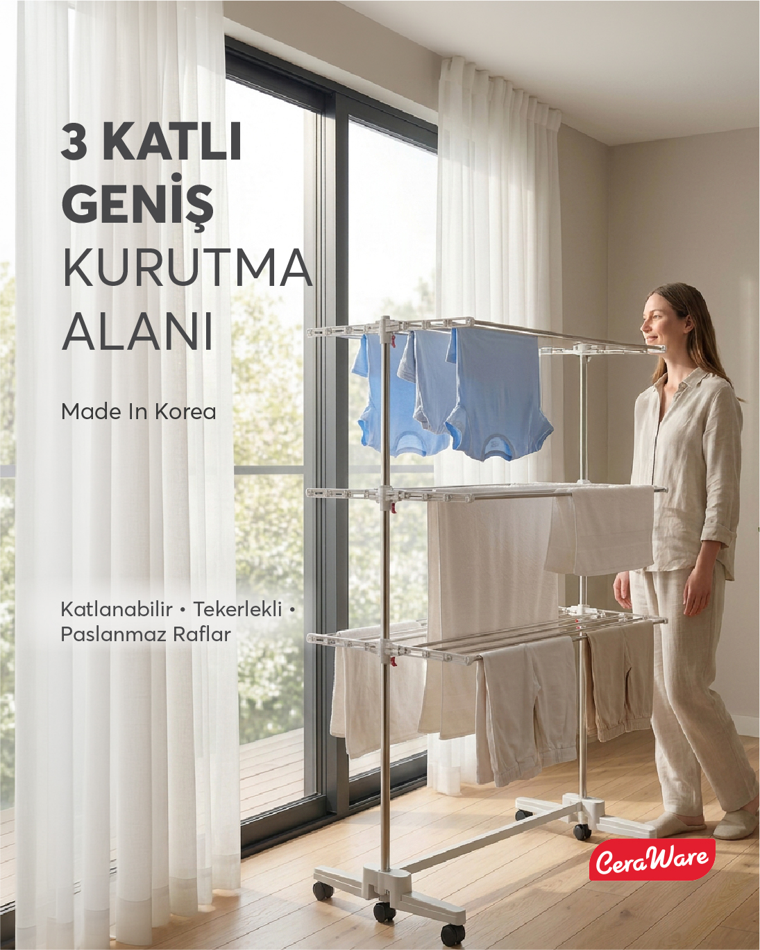 Ceraware Home Lite Premium 3 Katlı Çamaşırlık Made in Korea Tekerlekli Çamaşır Kurutmalık Eco Gri
