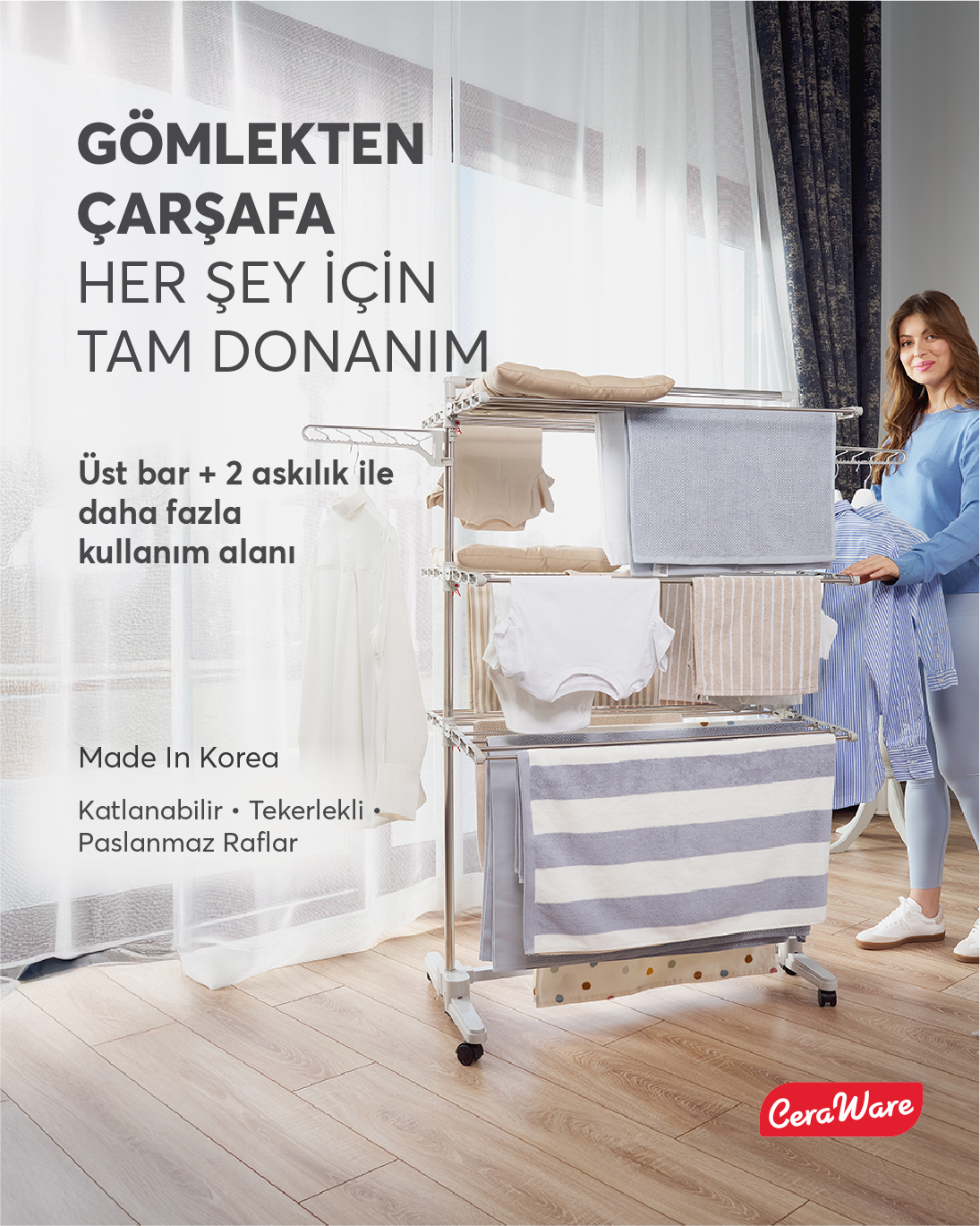 Ceraware Home S3 Premium 3 Katlı Çamaşırlık Made in Korea Tam Katlanır Tekerlekli Çamaşır Kurutmalık