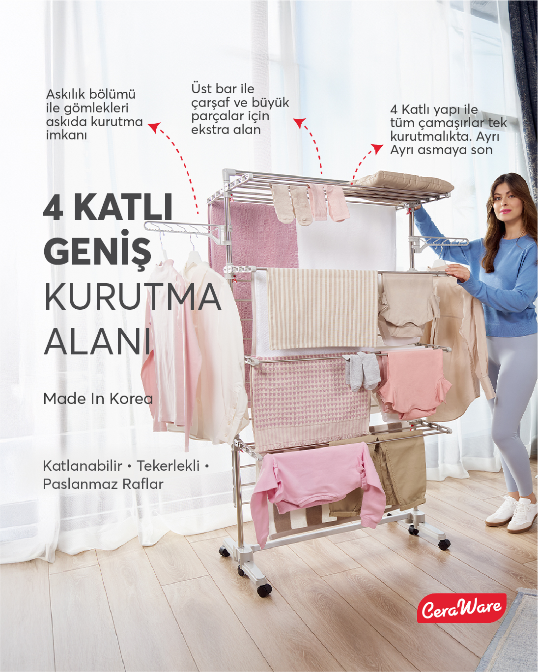 Ceraware Home S4 Premium 4 Katlı Çamaşırlık Made in Korea Tam Katlanır Tekerlekli Çamaşır Kurutmalık