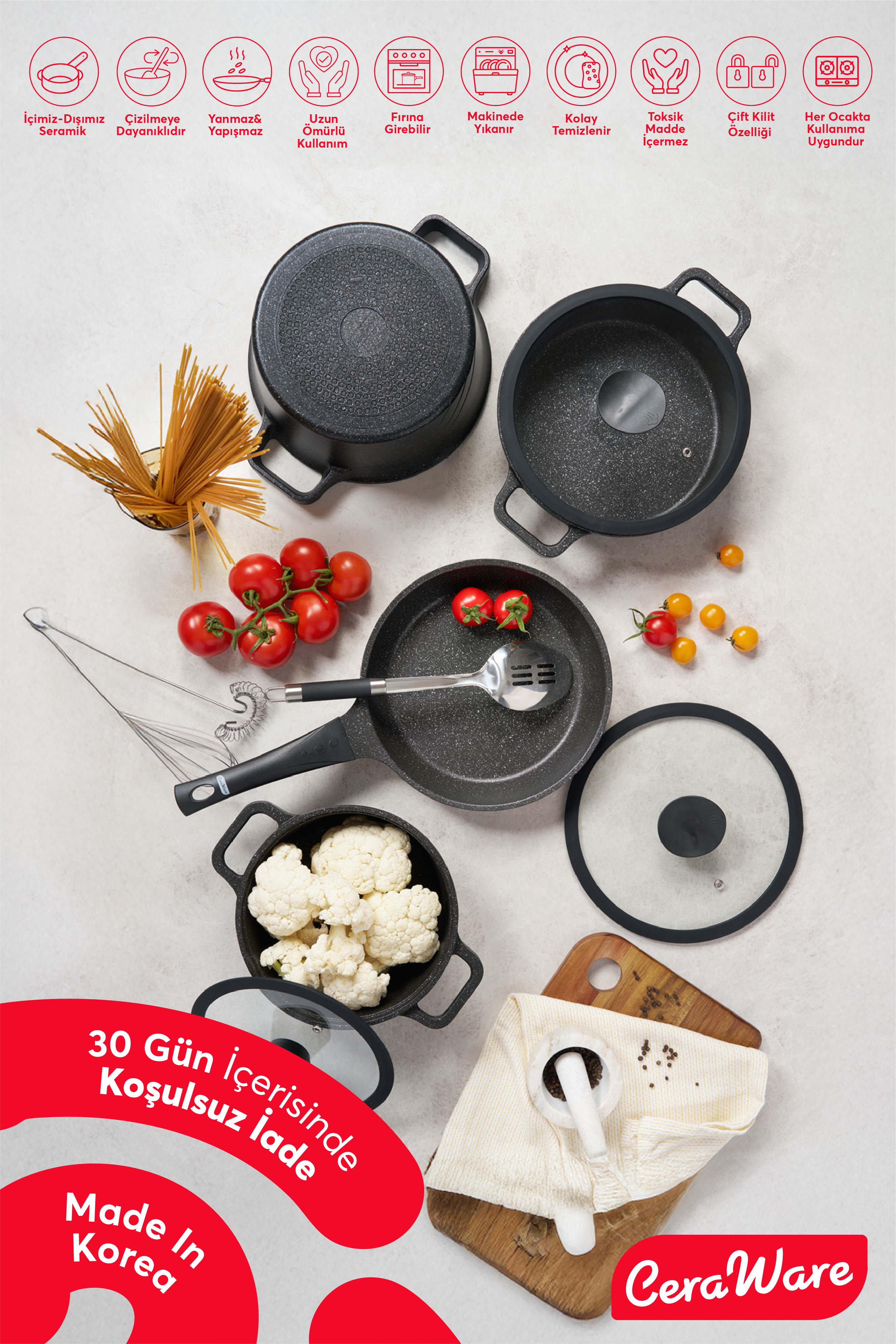Ceraware Vetta 10 Parça Megastone Kaplama Yapışmaz Tencere Tava Seti