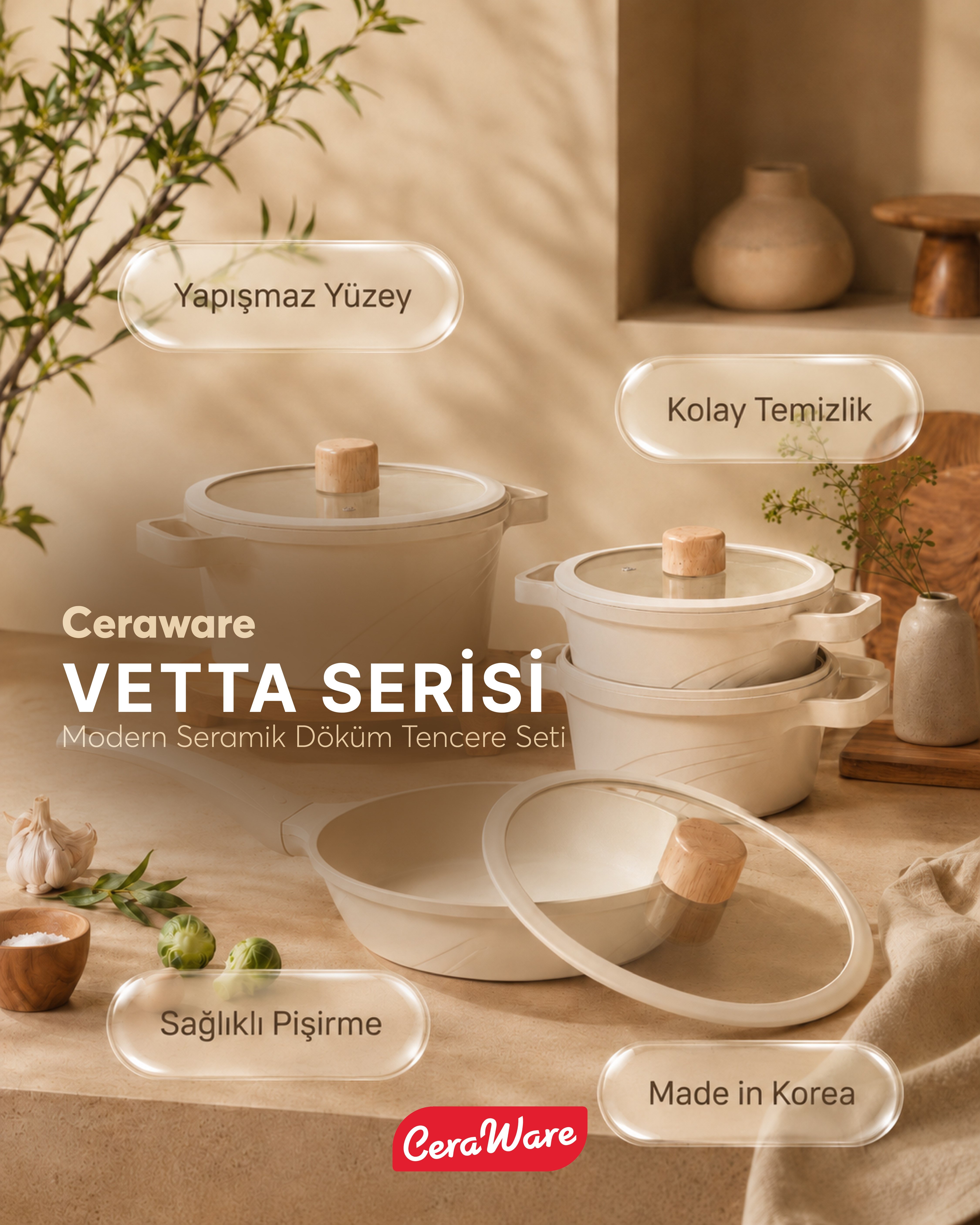 Ceraware Vetta Made in Korea Seramik Yapışmaz Tencere Tava Seti 7 Parça Sağlıklı Dayanıklı Döküm Mutfak Seti Bej