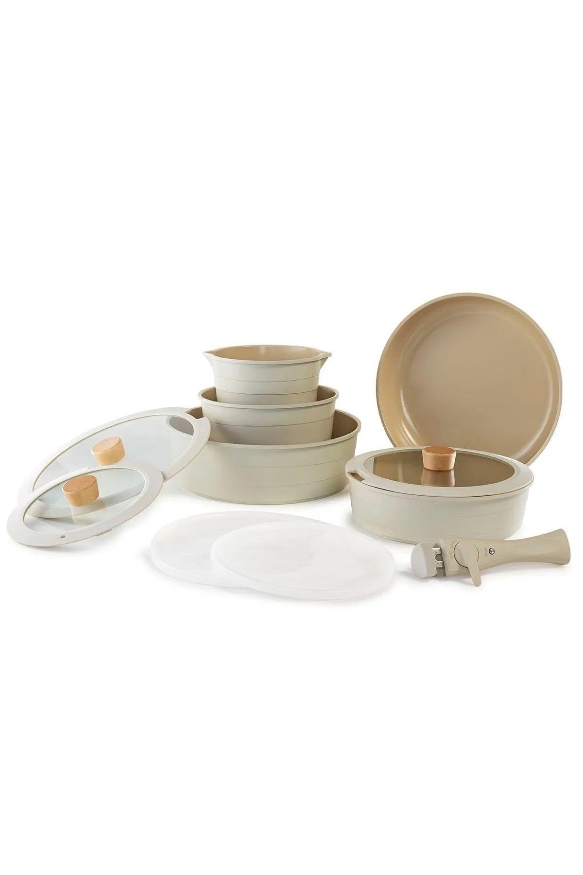 NEOFLAM Midas Büyük Set Bej Induction 11 Parça Ayrılabilen Saplı Iç Içe Geçebilen Tencere D-NEOMDS11I