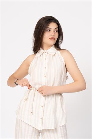 Açık Omuz Ve Yakası Büzgülü Yelek Pantolon Takım 1229