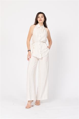 Açık Omuz Ve Yakası Büzgülü Yelek Pantolon Takım 1229