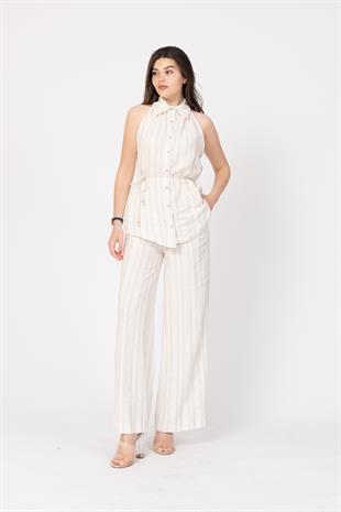 Açık Omuz Ve Yakası Büzgülü Yelek Pantolon Takım 1229