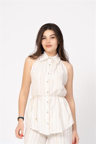 Açık Omuz Ve Yakası Büzgülü Yelek Pantolon Takım 1229