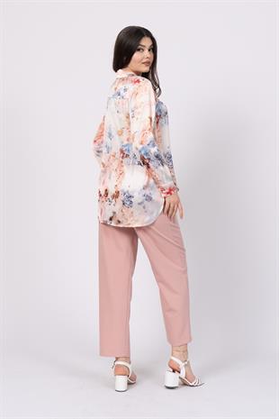 Asimetrik Kesim Arkası Uzun Desenli Gömlek 70019