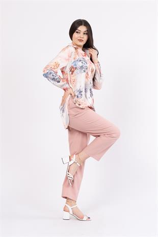 Asimetrik Kesim Arkası Uzun Desenli Gömlek 70019